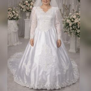 Jean Phoenix Bridal Vintage 80s 90s White Satin & Lace Wedding Dress sz 20